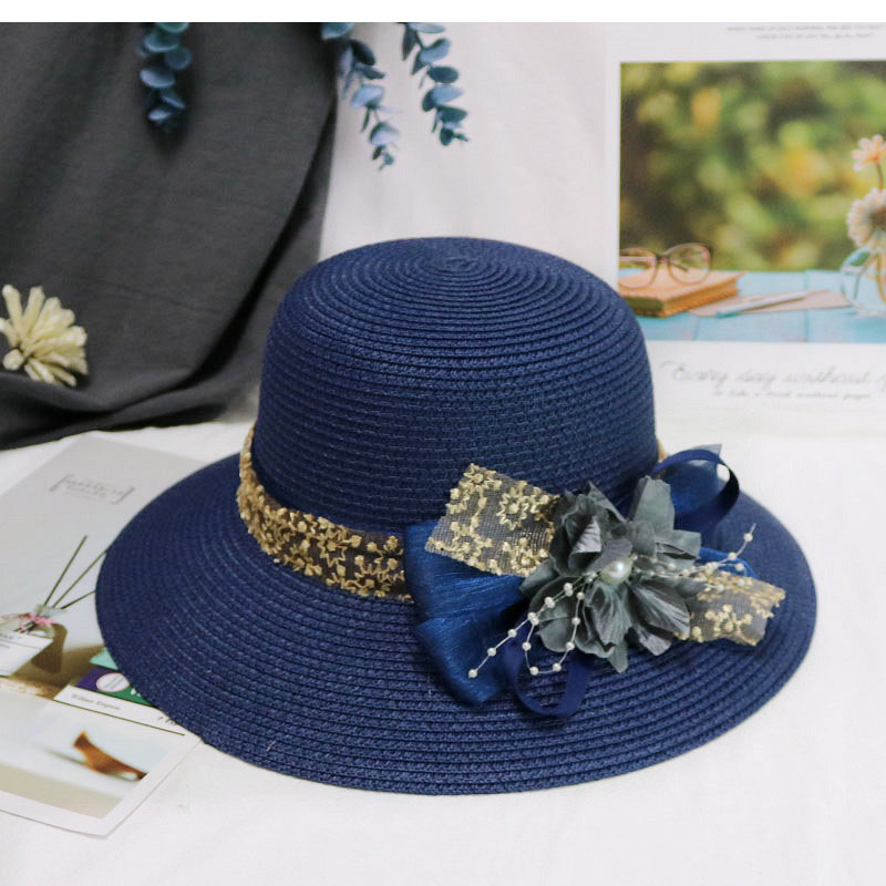 Women Summer Women's Sun Hat Bucket Cap Beige Lace Bowknot Flowers Ribbon Flat Top Straw Hat Beach Caps Panama: WHITE