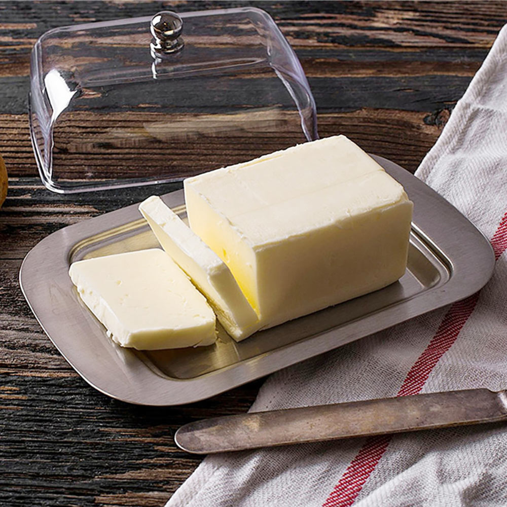 Praktisk smør fad boks container ost brød opbevaring smørbakke med gennemsigtigt låg rustfrit stål osteboks kontain