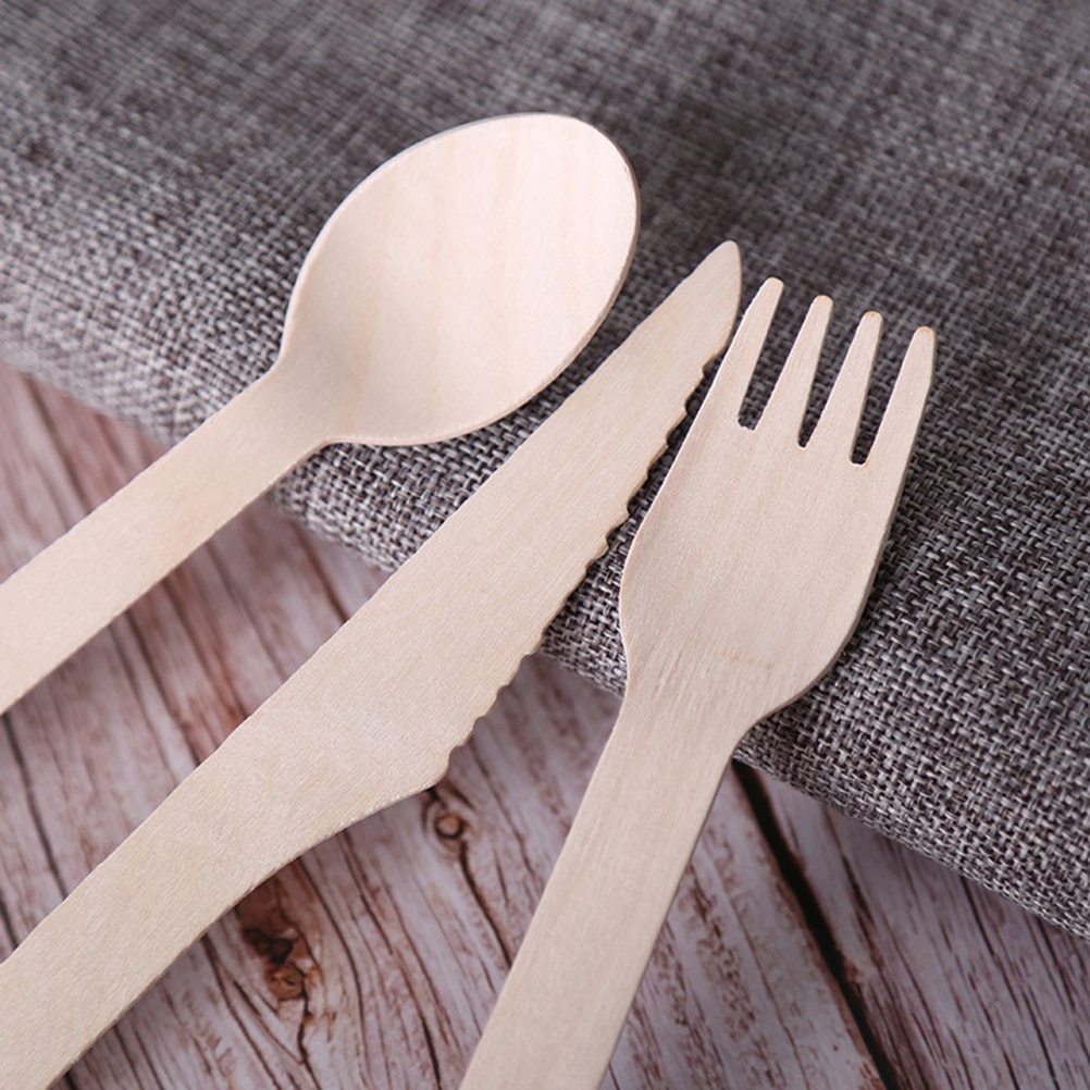 150pcs Disposable Dinnerware Set Wooden Knives Forks Spoons Eatting Tools For Restaurant Hotel Home Tableware