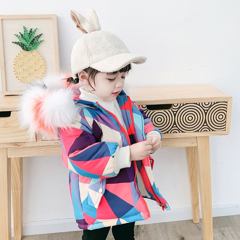 Boy Winter Jacket Coat Girl'S and Boy Geometry Printed Fur Collar Plus Velvet Cotton Coat Korean-style Winter Kids Coats: mei red / 110cm