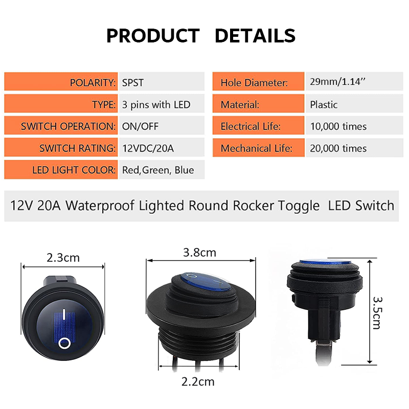 12V Toggle Switch Waterproof LED Lighted Round Rocker Switch Panel SPST 3 Pin Marine On Off Switch for Car Boat RV Truck