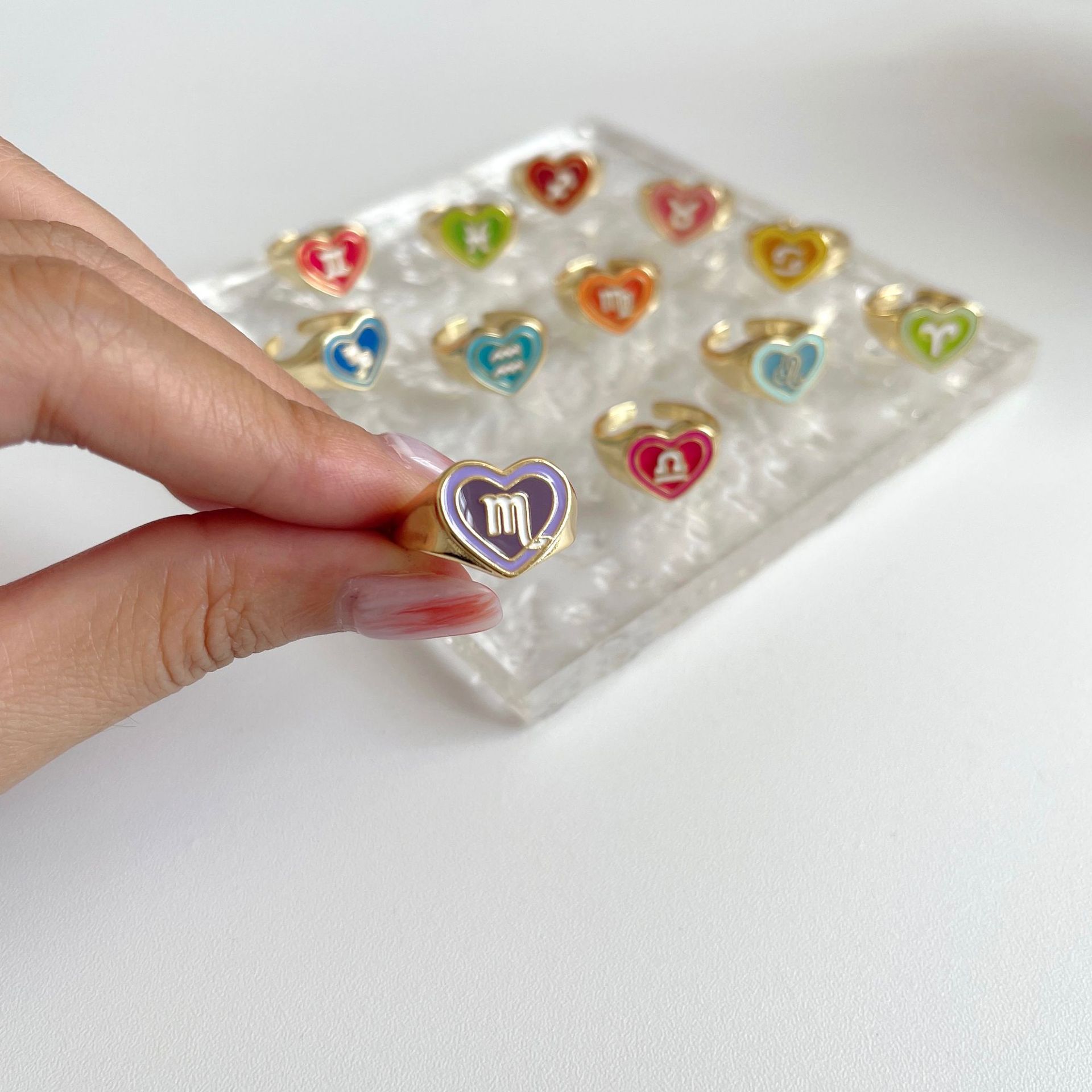 12 Constellation Liefde Ringen Voor Vrouwen Statement Epoxy Dubbele Hart Open Ring Meisje Olie Eenvoudige Ins Ring Party sieraden