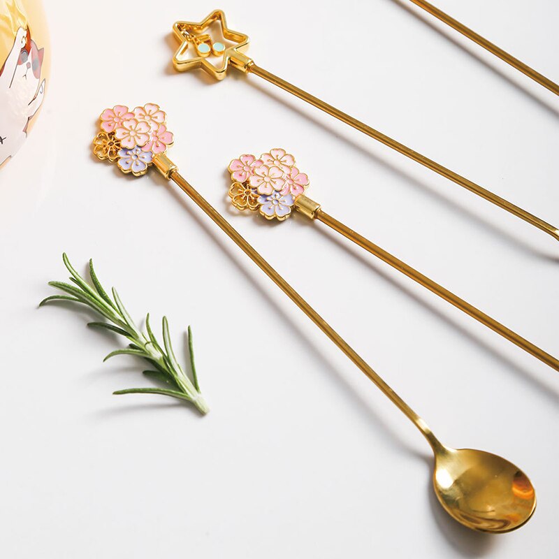Japanese Sakura Coffee Spoon Cute Stainless Steel Spoon Fork Coffee Spoon Long Handle Stirring Dessert Fork Spoon
