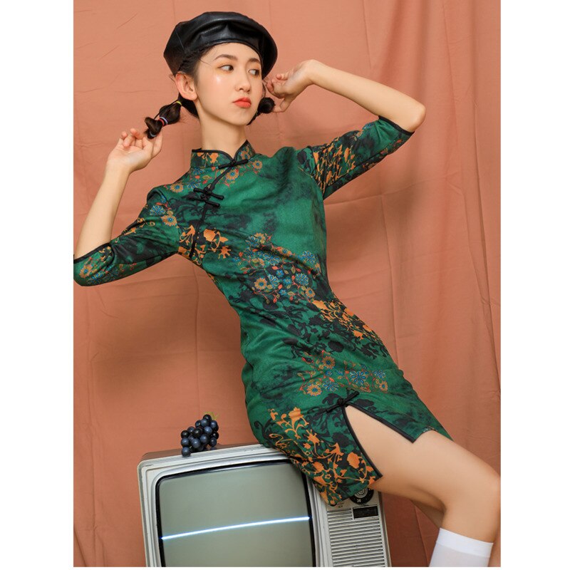 Verde do vintage moda chinesa moderno vestido feminino estilo nacional roupas curto primavera verão novo fino melhorar qipao vestidos da menina
