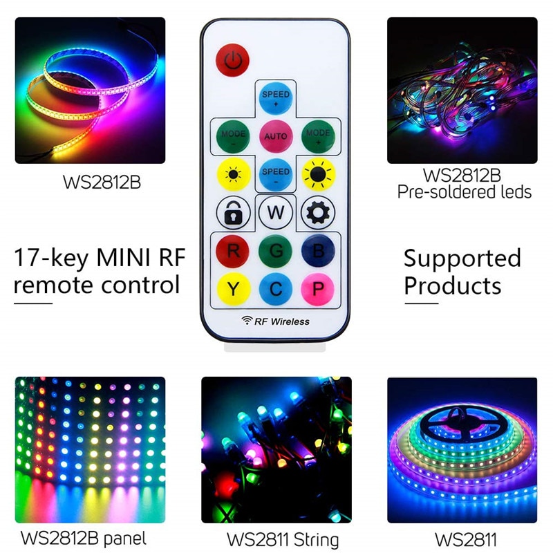 17Key Rgb Controller Dc 5V 12V SP103E Rgb Draadloze Afstandsbediening Mini Rf Led Controller WS2812 WS2811 Kleur Voor led Light Strip