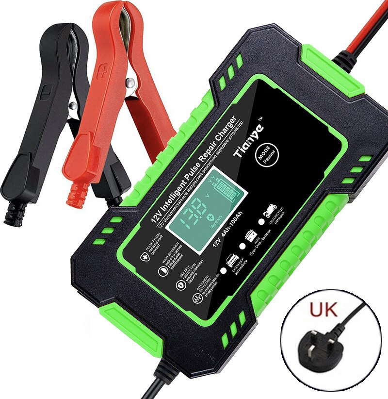 Auto Acculader 12V 6A Intelligent Snel Opladen Puls Reparatie Type Full Auto-Stop Dual-Mode Loodzuur voor Motorfiets: Green UK Plug
