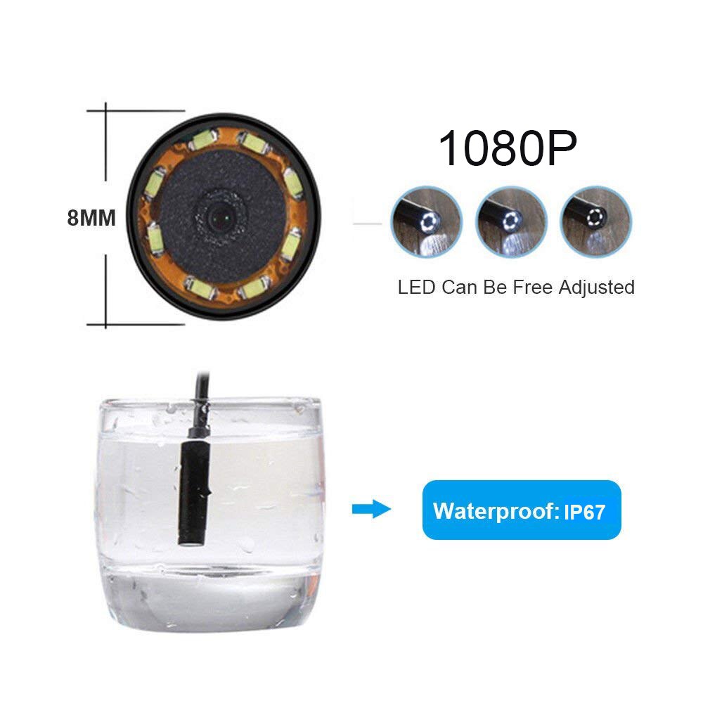 1080P HD Android endoscopio Cámara 8mm 2MP USB boroscopio tubo 1M 2M 5M serpiente Mini cámaras Micro Cámara 8 leds para Android PC