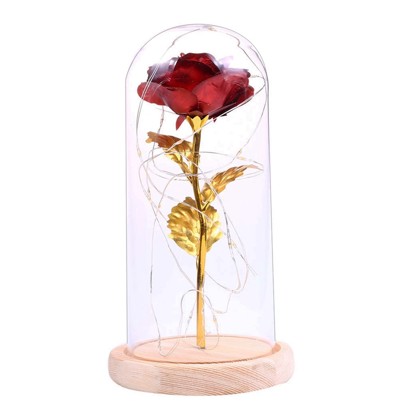 Beauty & De Beest Vergulde Rose Met Led Licht In Glazen Koepel Voor Wedding Party Mother 'S Day