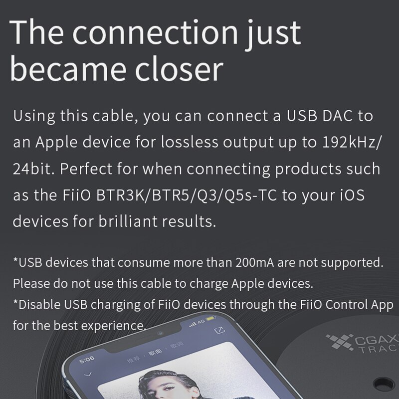 FiiO-Cable de datos LT-LT1 Lightning a tipo C, OTG, para dispositivos iOS, conexión USB, DAC, AMP, BTR5, BTR3K, Q3, Q5S, K9