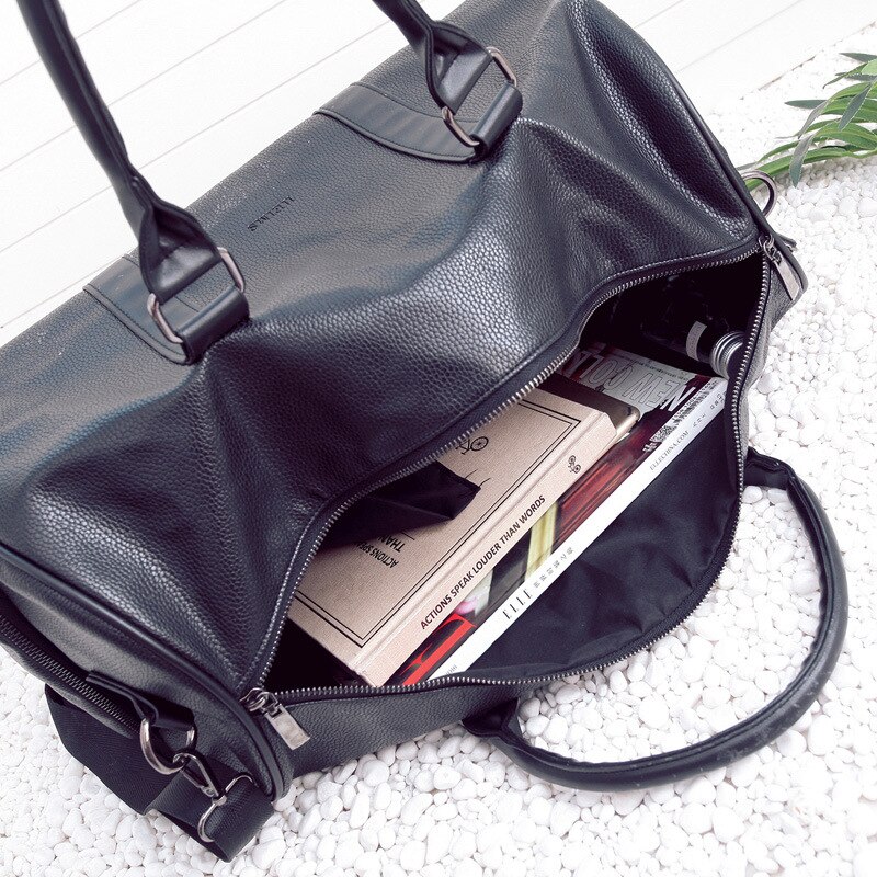 Men Black Leather Travel Bag Big Large Duffel Round Tote Women Men's Gym Over the Shoulder Bags for Shoes Pocket Handbags XA96WC