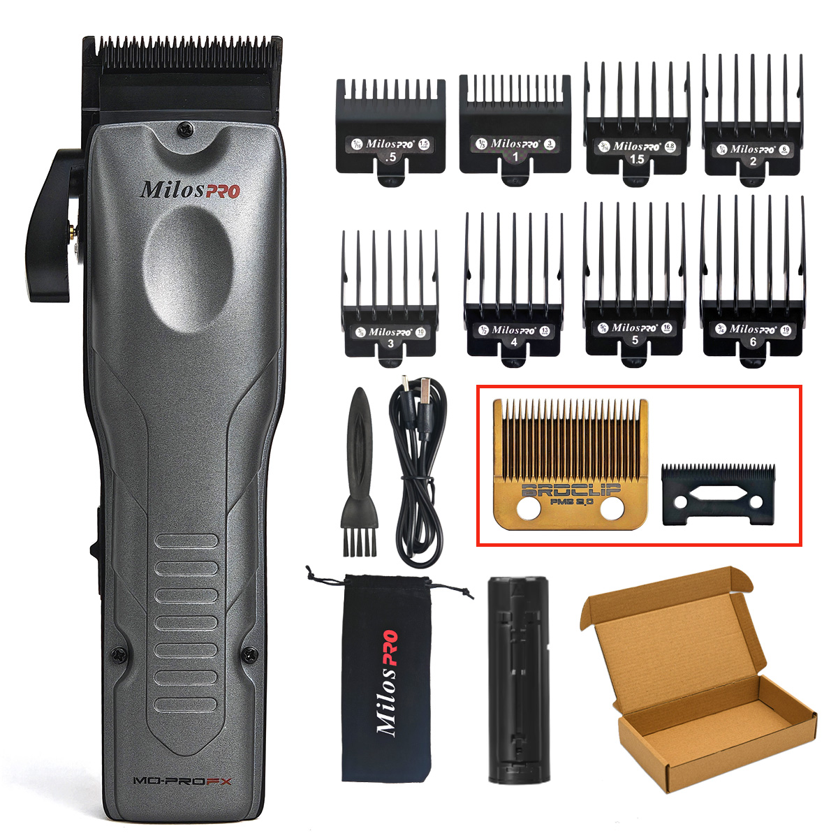 Milos PRO Electric Hair Clipper Brushless Motor 6800RPM Two Batteries Are Detachable 5 Adjustable Length DLC Blade: GRAY