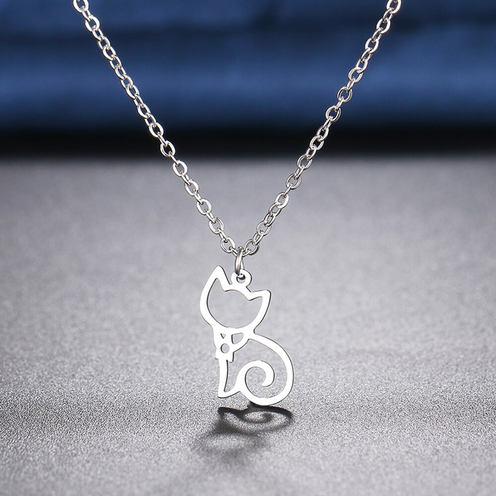 Edelstahl Halsketten Linie Karikatur Katze Anhänger Kette Halsband Schmuck Halskette Für Frauen Schmuck Party Freund: Silber-