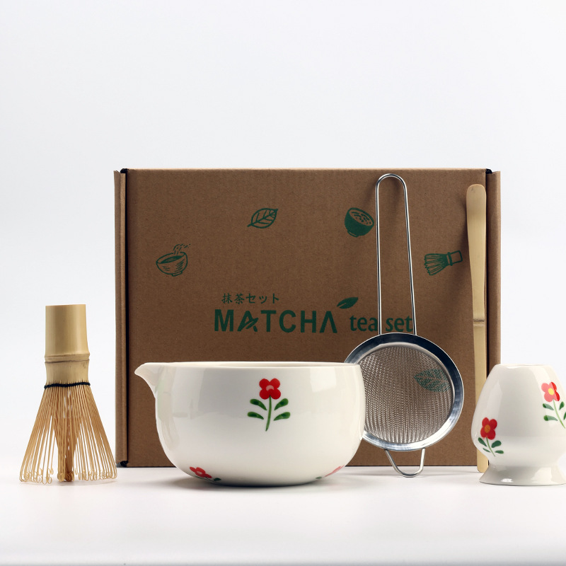 Vintage Matcha Ceramic Set Chawan Bamboo Matcha Whisk Scoop Holder Bamboo Brush Teaspoon and Sieve Matcha Teaset Giftbox: plum