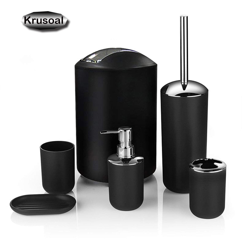 6Pcs Bathroom Accessories Set Toothbrush Holder Cup Soap Dispenser Dish Toilet Brush Trash Can Plastic Tumbler Cup Washroom Tool