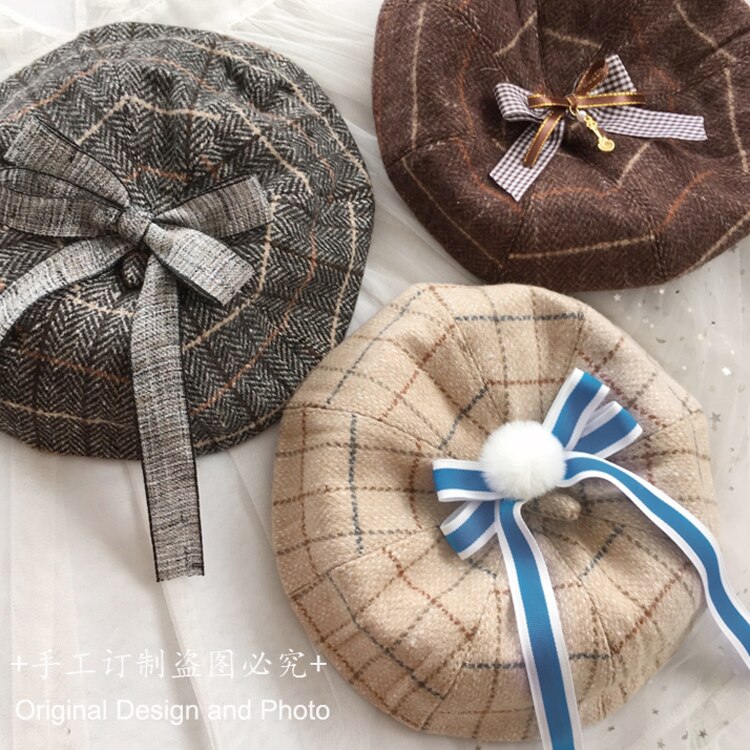 Japansk søt nydelig ull rutete åttekantet kuppel lue retro lolita beret søt høst vinter myk jente gresskar cap maler lue