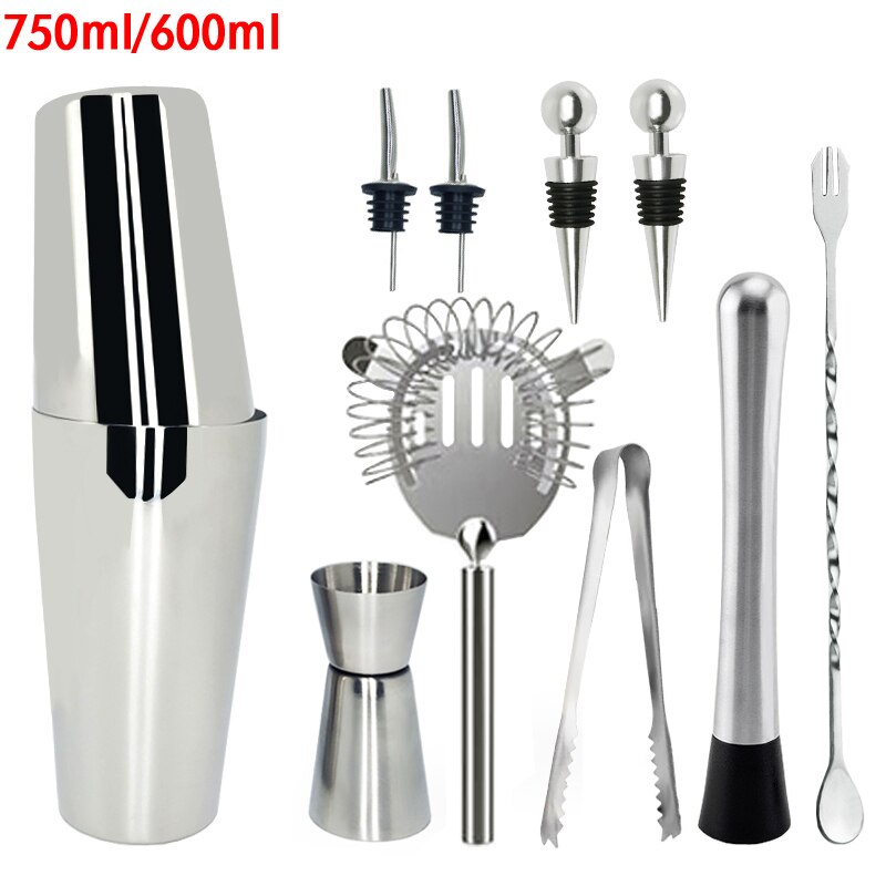10-11Pcs/set Cocktail Shaker Bar Set with Measuring Jigger Mixing Spoon Stainless Steel Bar Tools - Built-in Bartender Strainer: 11Pcs750600ML