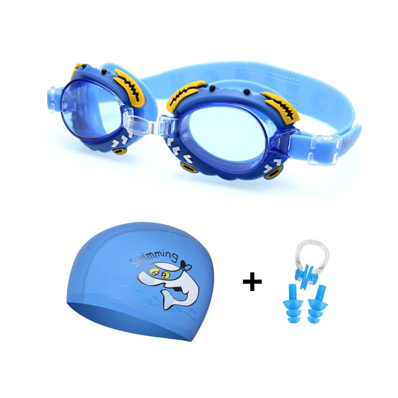Boy Girl Swimming Goggles Children Silicone Dolphin Fish Caps Ear plug Nose Set Diving Glasses Waterproof Kids Swim Pool Eyewear: Blue Dolphin