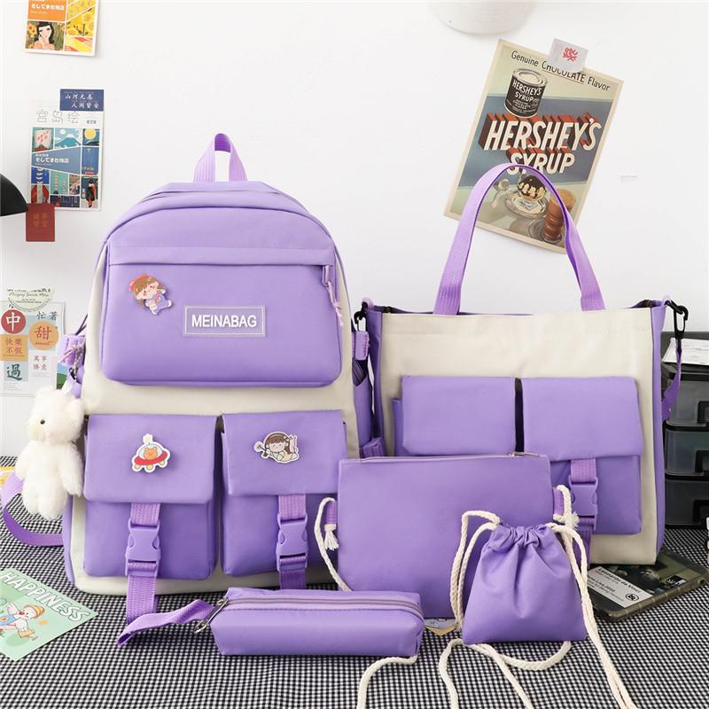 5 Stck einstellen Kontrast Farbe Frauen Rucksack Mehrere Taschen Große Kapazität Schule Tasche Für Mädchen Nylon Wasserdichte Reise Rucksäcke: Lavendel