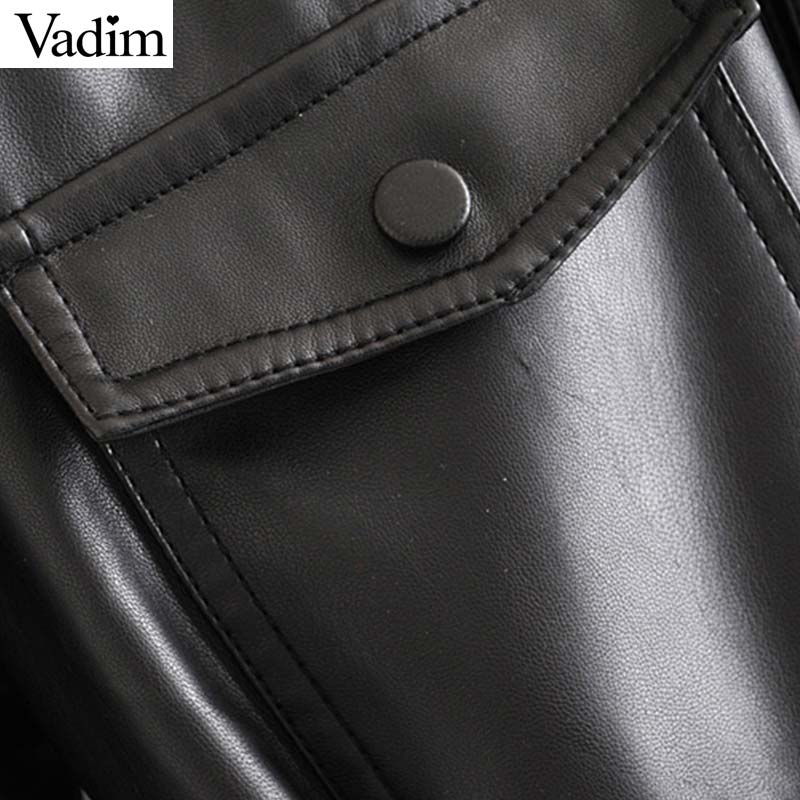 Vadim mujer chaquetas de cuero PU negro pajarita bolsillos sashes manga larga abrigos divididos prendas de vestir femeninas chic casual tapas CA585