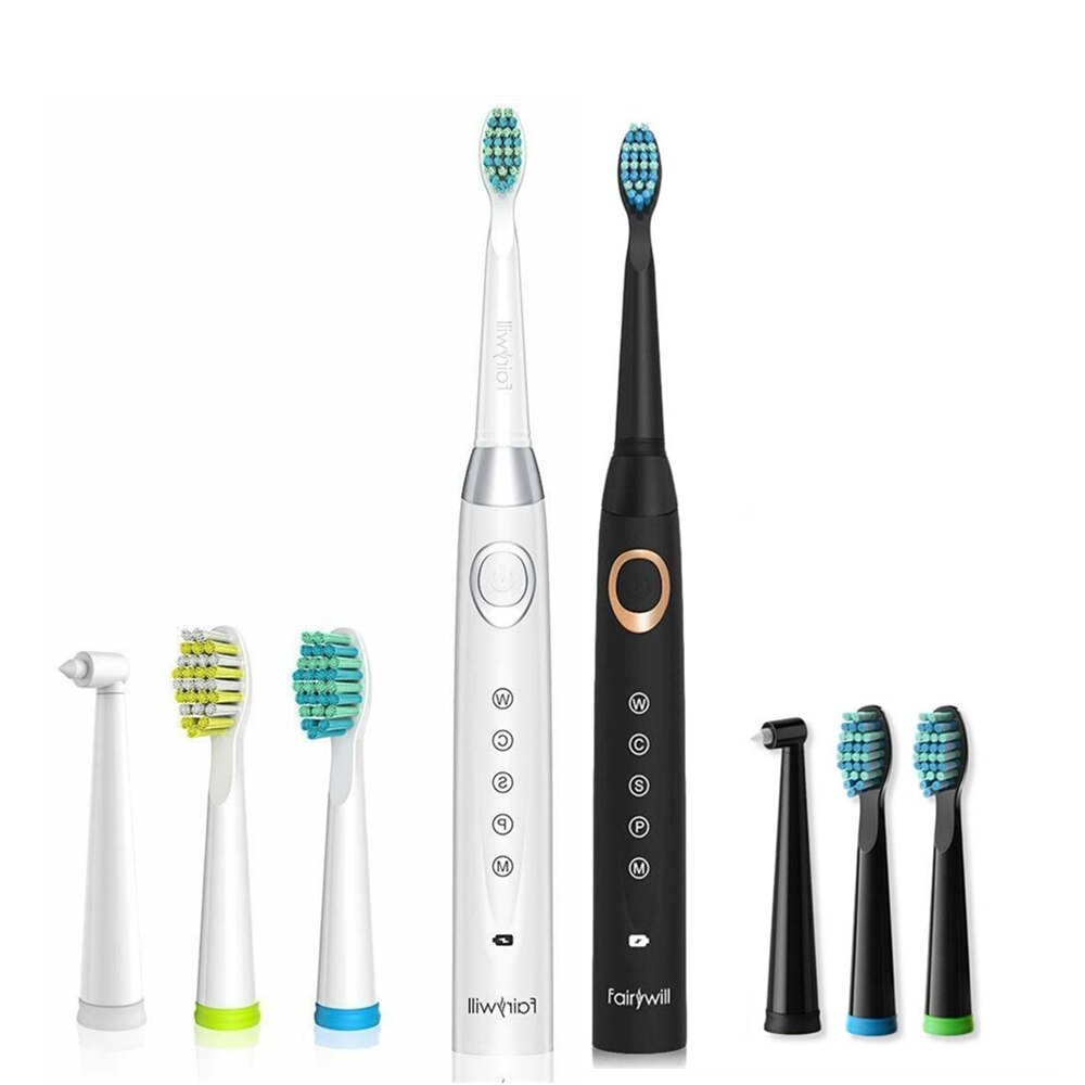 Fairywill FW-508 Sonic Electric Toothbrush Rechargeable Timer Brush 5 Modes Fast Charge Tooth Brush 8 Brush Heads for Adults: 508White.508Black