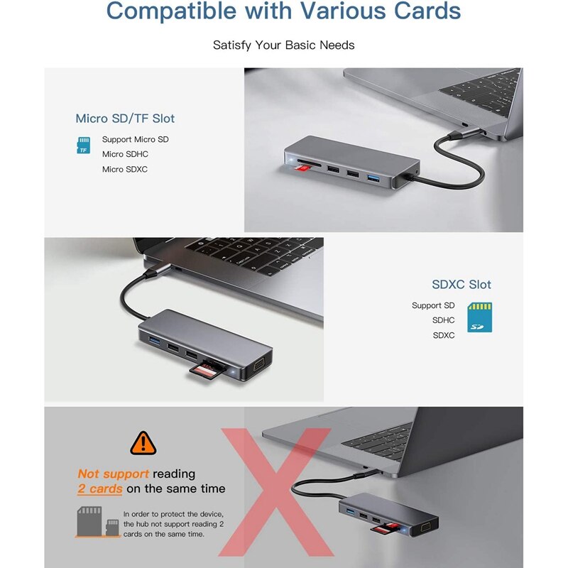 HYD-9866T USB C 8-in-1 Adapter HDMI+VGA Audio Interface PD HUB Card Reader Suitable for All USB C Devices, PC/Tablet