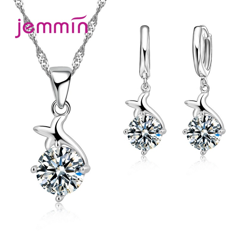 925 Sterling Silver Trendy Crystal Pendant Necklace Earrings Jewelry Set For Women Girls Wedding Engagement Jewelry: Multicolour