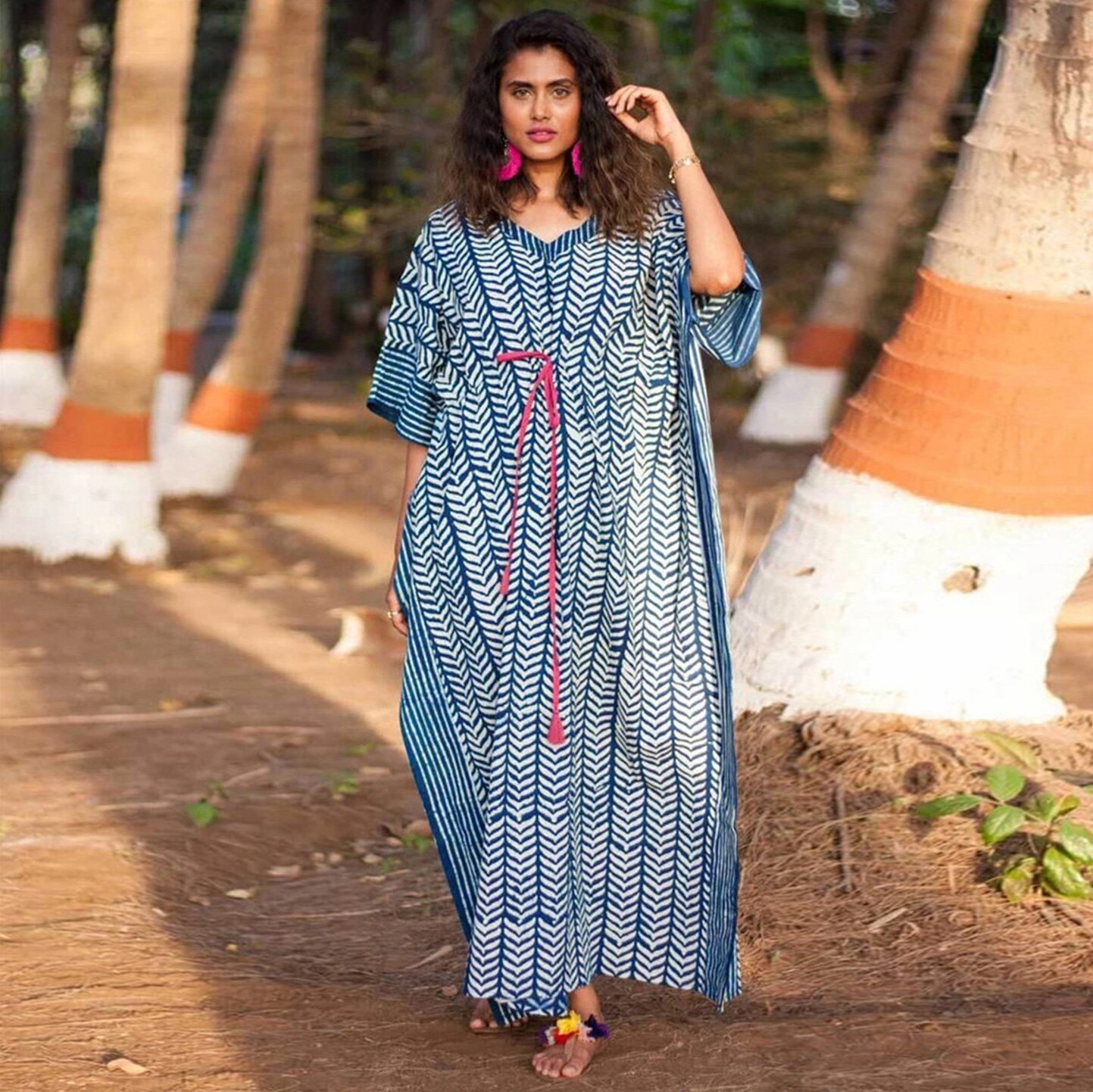 Pachamama Women 100% Cotton Sarong Hand Printed Tiles Pattern Cool Summer Beach Cover Up Pareo Wrap Around Skirt 180 X 110 Cm Blue