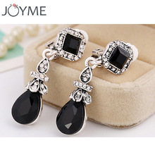 Black WaterDrop Clip Earrings Without Piercing Long for Women Resin Rhinestone Vintage Bohemia Style Clip On Earrings