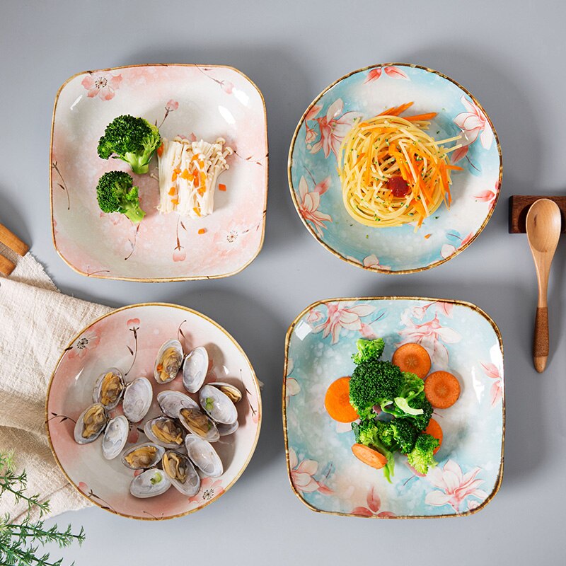 Porcelain Brakfast Dishes Square Round 7inch Deep Plates Household Dinner Sushi Desert Steak Handpainted Plates