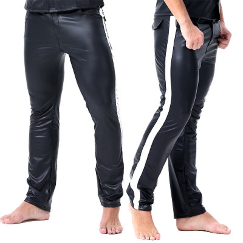 Menn stripe lappeteppe trange lakkbukser ytelsesklær motorsykkelbukser barer nattklubb uformelle leggings