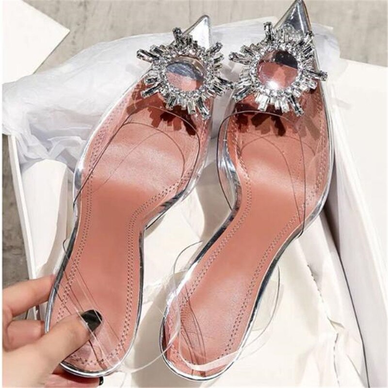 Große größe 43 44 Frauen Pumpt Elegante spitz Strass hoch Fersen Hochzeit Schuhe Kristall Klar mit hohen absätzen Slingback Pumps Sandalen
