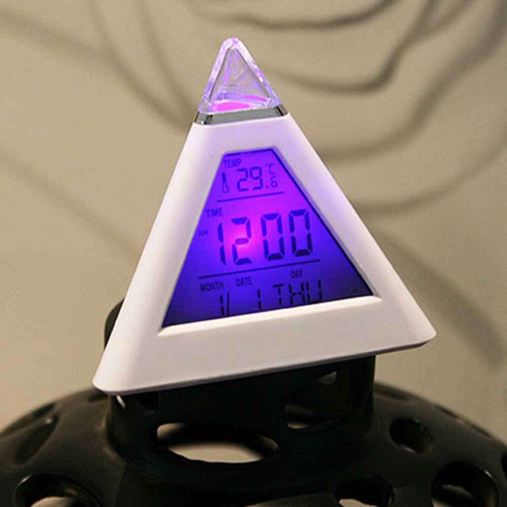 Gekwalificeerde piramide temperatuur 7 kleuren led verandering achtergrondverlichting led maan wekker piramide stemmingsklok