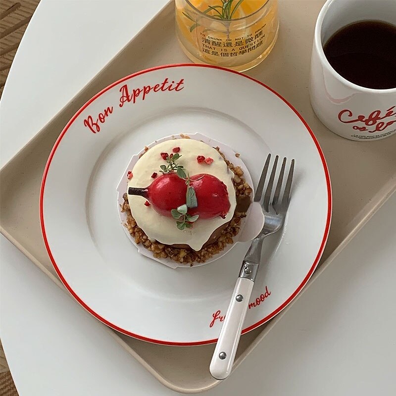 LadyCC French Retro Red Line Ceramic Dessert Plate French Letter Breakfast Plate Pasta Plate Bread Plate Restaurant