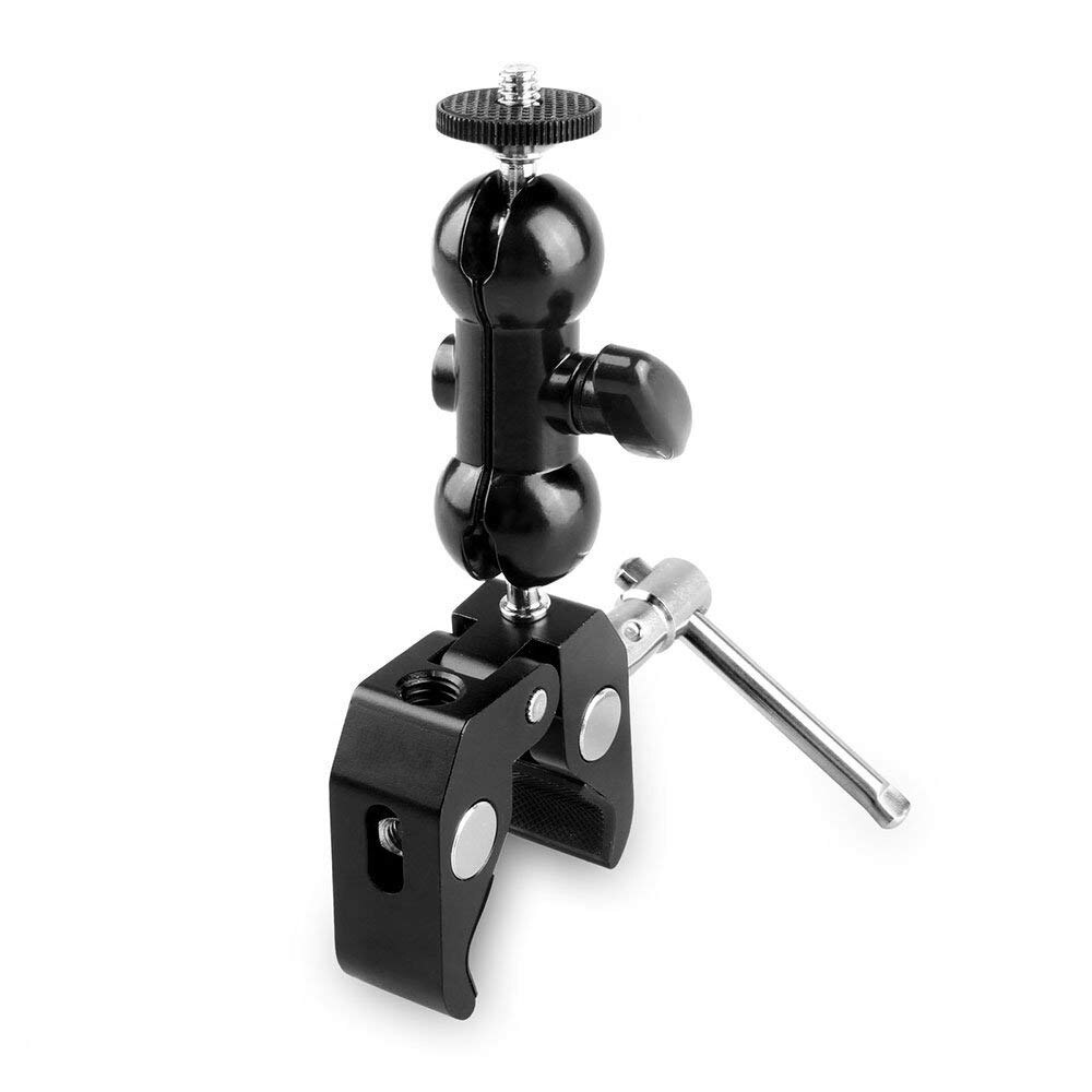 Heavy Duty Aluminum Alloy Ball Head Arm Super Clamp Mount Multi-Function Double Ball Adapter 1/4''-20 Stud with Bottom Clamp