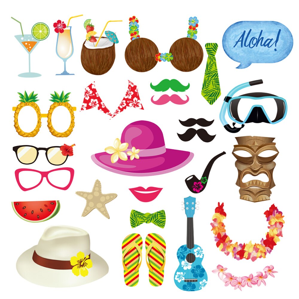 28pcs Hawaii Photo Booth Props Kit Beach Vacation Seaside Photobooth Dress-Up Accessories