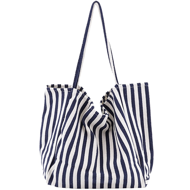 Women'S Striped Canvas Handbag Summer Beach Classical Fabric Soft Large Handbag Female Casual Bag Thin Strip Blue: Default Title