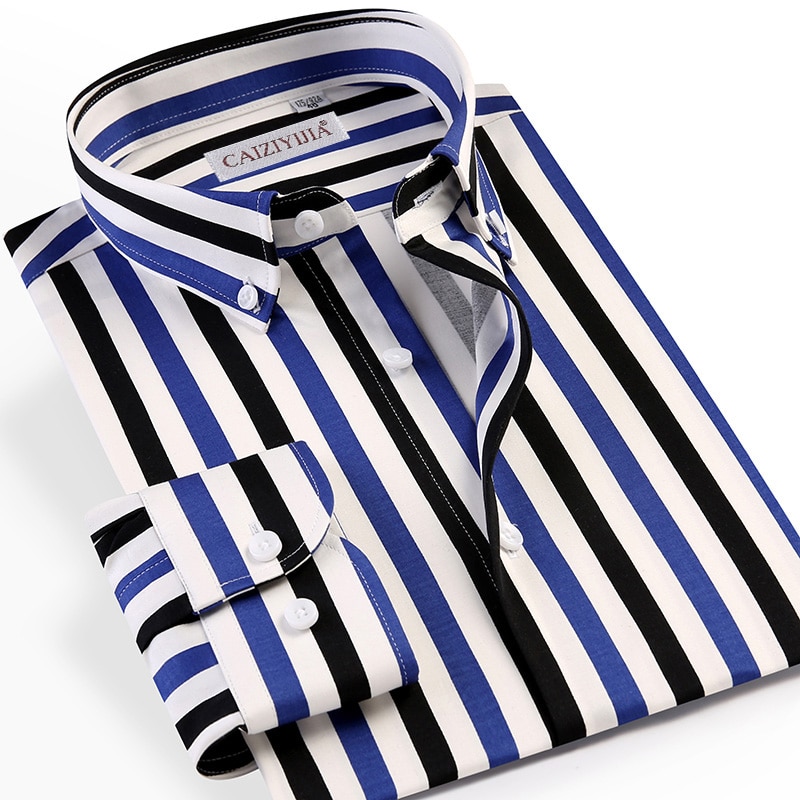 Men&#39;s Multi-Color Vertical Striped Long Sleeve Shirts Pocketless Button-down Standard-fit Casual Shirt