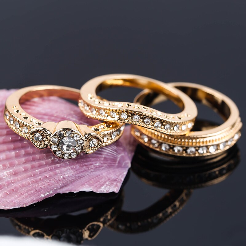 Gorgeous Yellow Gold Filled Rhinestone CZ Wedding Rings Luxury Love Heart Shaped Couple Rings Charm Jewelry 3 Pcs/Set Z5M398