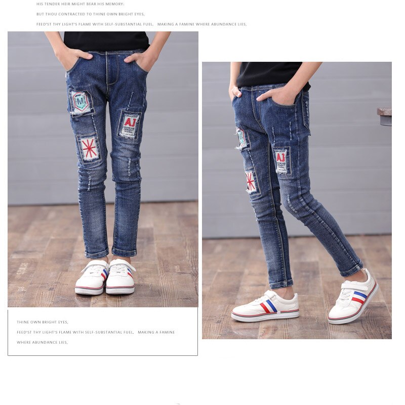Pantalones vaqueros de cintura elástica para niñas, pantalón largo con parche de personalidad, a la , para Primavera, 4, 8, 10 y 12 años