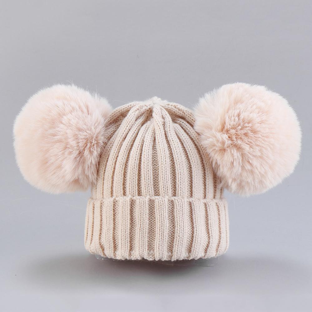 Explosie modellen Europa en Amerika baby gebreide muts winter warme muts sjaal set jongens en meisjes gebreide muts dubbele haar bal wol ha: beige