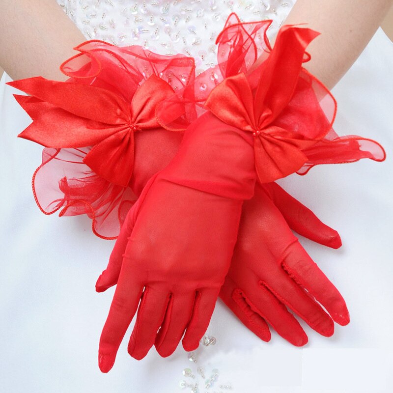 Mode Bruid Handschoenen Kant Boog-Knoop Met Vingers Korte Witte Handschoen Trouwjurk Accessoires Foto Props Lady Party handschoen