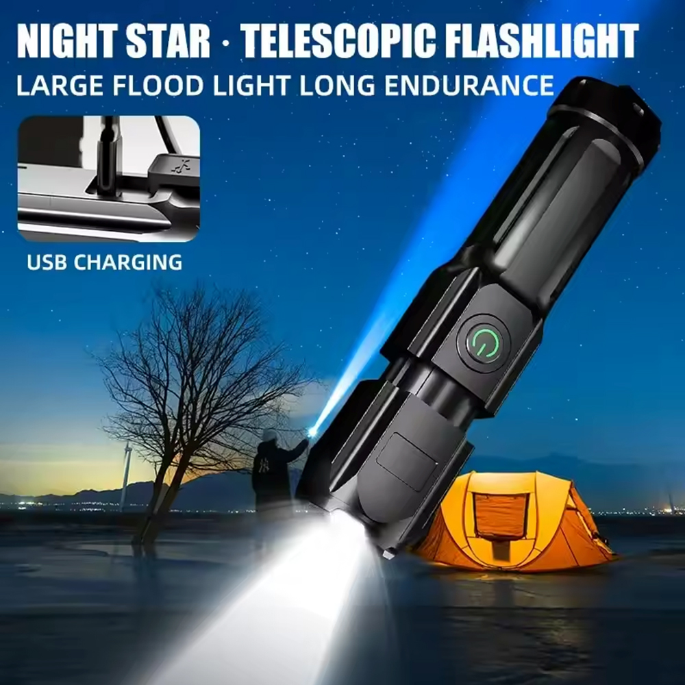 Teleskopisk zoomlommelygte genopladelig lommelygte 800 mah vandtæt over lange afstande til camping, fiskeri, håndklatring, led-lommelygte