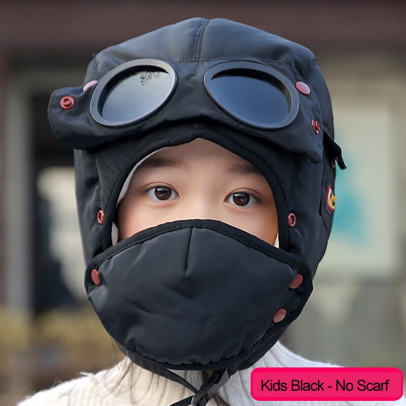 Warm Winter Wind Stopper Face Hats Outdoor Ski Masks Bike Cyling Beanies waterproof hood hat with glasses cool balaclava: Kids Black