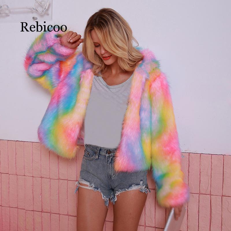 Winter Coat Rainbow Faux Fur Coat Women Fur Jacket Shaggy Fluffy Rainbow Print Hooded Long Sleeve Streetwear Plus Size 3XL