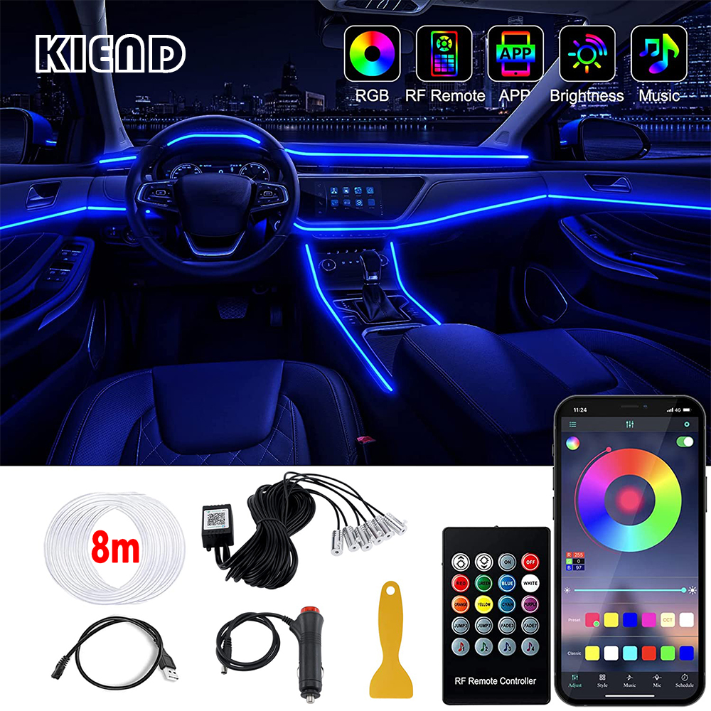 Tira de luces LED para Interior de coche, Kit de iluminación de neón de fibra óptica RGB con Control remoto por aplicación, lámparas decorativas automáticas