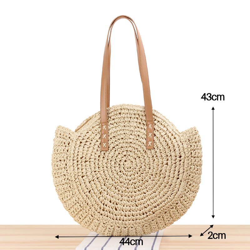 Ronde Stro Strandtas Vintage Handgemaakte Geweven Schoudertas Raffia Cirkel Rotan Zakken Bohemian Zomervakantie Casual Tassen: Beige-Large