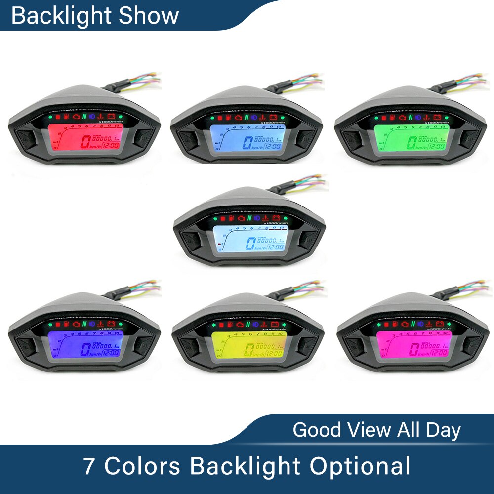 7 Backlight LCD Digital Motorcycle 0-199km/h MPH Speedometer Odometer Time Fuel Level for 2 4 Cylinders 11000RPM Universal