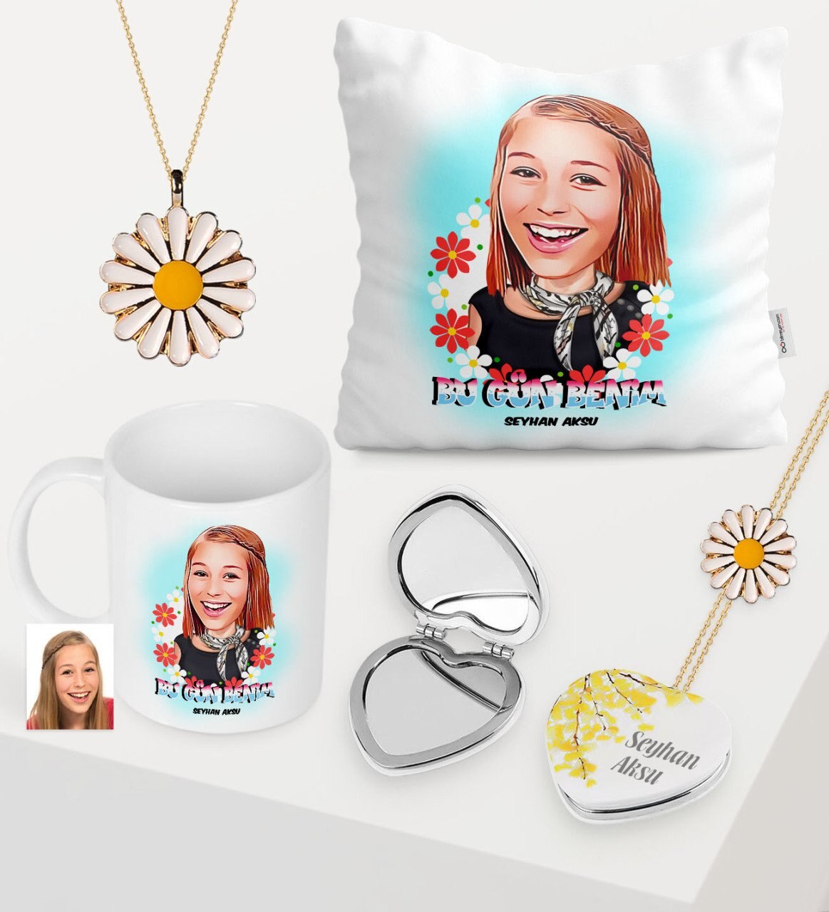 Vrouwen Custom Karikatuur Van Cup Bloemen Spiegel Kussen Daisy Sieraden Set-7: Default Title