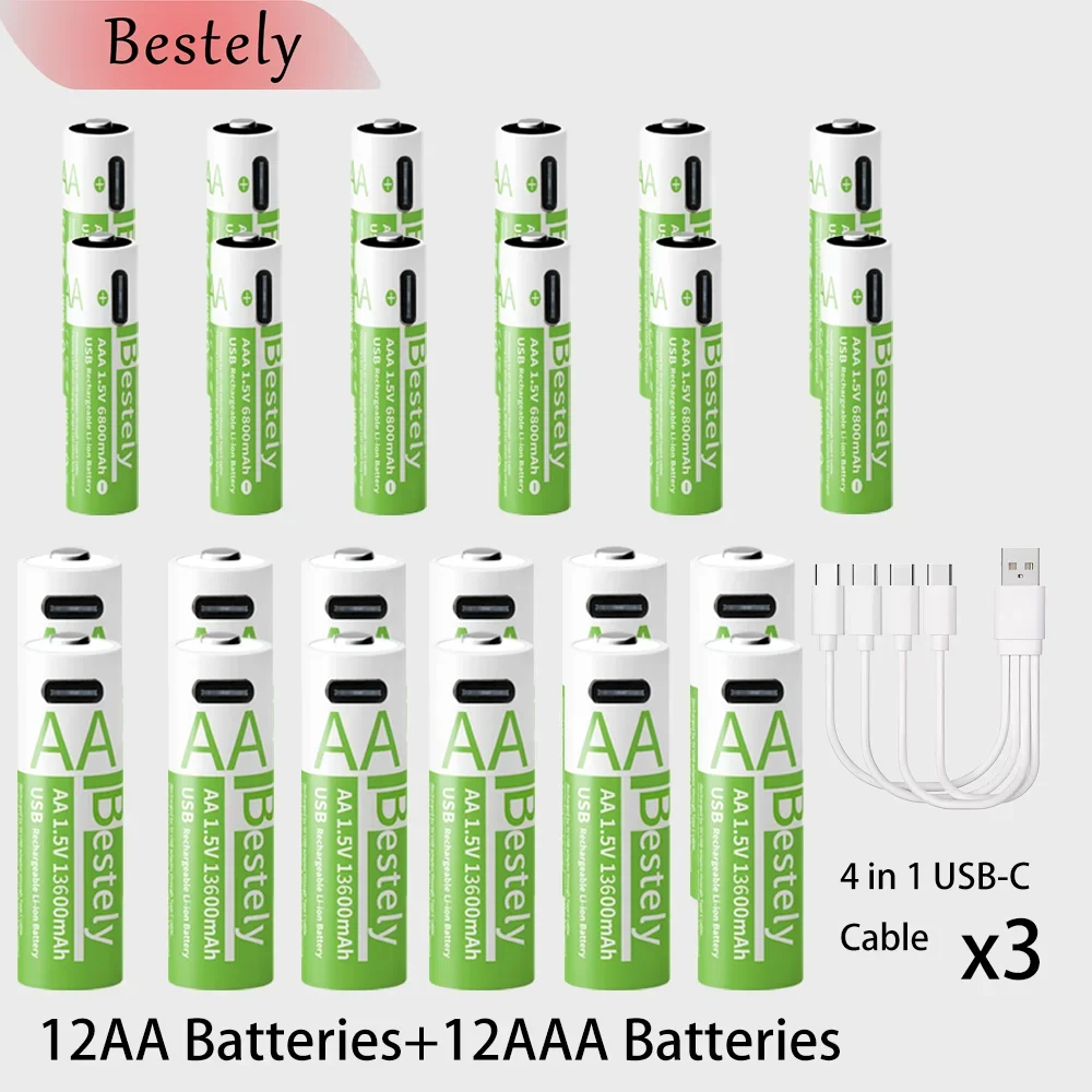 Li-ion AAA- en AA-oplaadbare batterijen USB Lithium-ion 13600mAh 1,5V AA oplaadbare batterijen + 6800mAh 1,5V AAA-batterij: Sky Blue