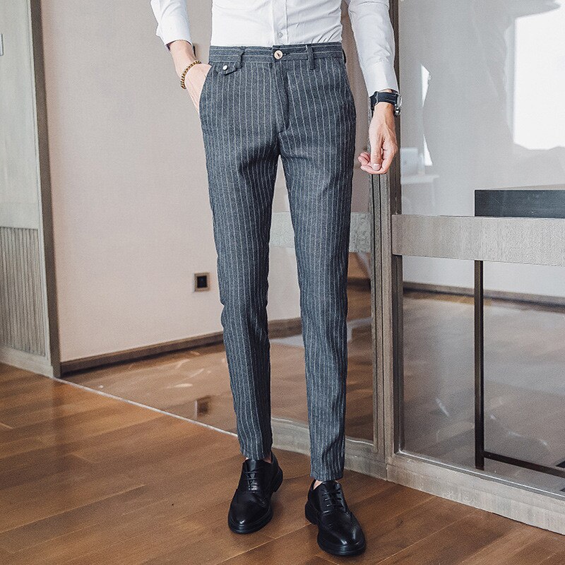 Grijze geruite casual broek heren lente en zomer rechte broek heren slim business casual pak broek heren pantalon: Grijze strepen / 38